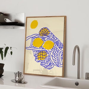 Lemon in bag Poster | Orange print |Fruit in net | Food print | Mid Century Kitchen Wall Art | Colourful Wall Décor | Digital download avail