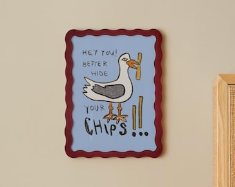 Seagull Stealing Chips Print | Funny Kitchen Art | Nursery poster
