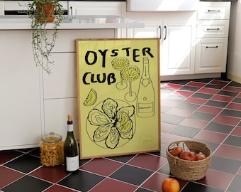 Impresión de champán Oyster Club / Arte mural de neón para cocina (Descarga digital disponible)