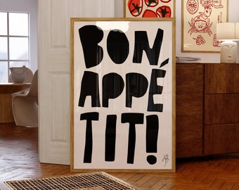 Kitchen wall art | Bon Appetit Poster | Mid Century Print French Quote Poster | Minimalistic Typography Print | Digital download available