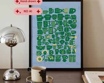 Stacked Mug Poster | Coffee Lover Gift | Mug Collector Art | Quirky Coffee Corner Decor | Custom Colour Wall Print | Funny Coffee Shop Art