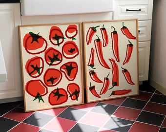 Tomato food print | Chilli pepper print | Food art | Dining room and Kitchen posters  | Digital download!