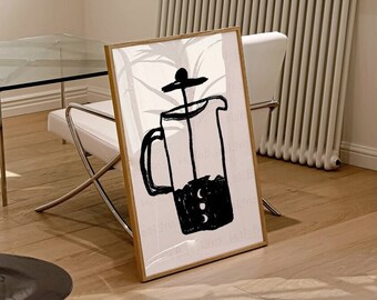 May include: A framed black and white illustration of a French press coffee maker on a white background. The illustration is in a simple, minimalist style.