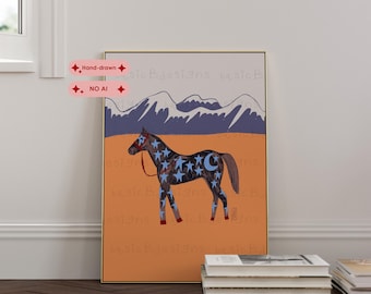 Mixed Style Horse Art | Detailed Sketch with Doodles | Desert Western Poster | Hand Drawn Horse Stars | Rustic Farmhouse Decor | Unique Gift