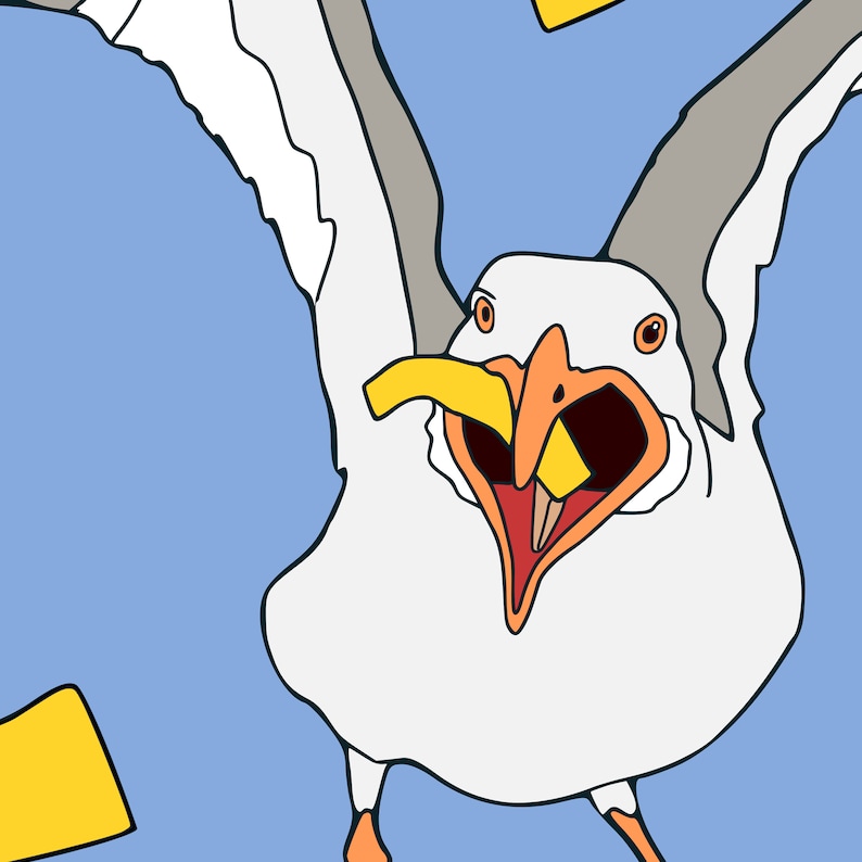 May include: A white seagull with a yellow beak and orange feet is flying with its wings spread wide. The seagull is holding a yellow french fry in its beak and has its mouth open.