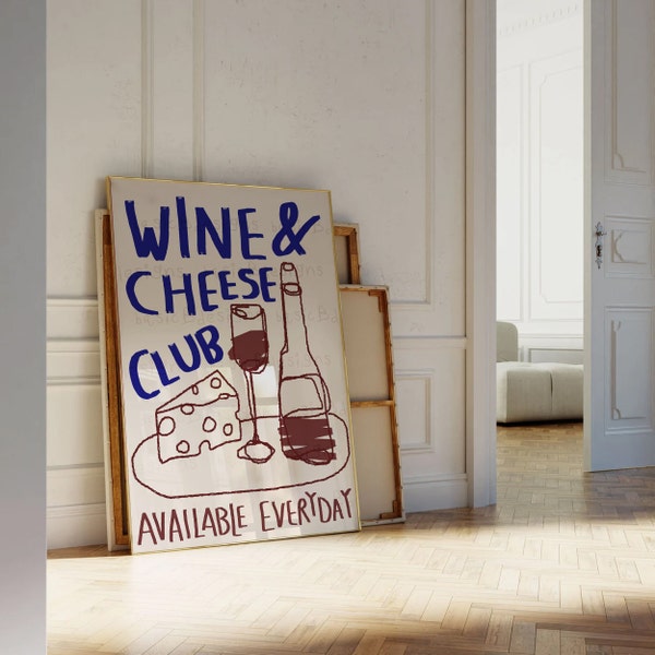 Kitchen wall art | Wine and Cheese Club Poster | Wine Print | Food print art | Modern Kitchen Wall Art | Digital download available