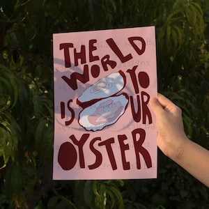 Kitchen wall art | Oyster print | Food print | The world is your oyster | Pink oyster | Lemon, Tabasco, wine | Digital download available