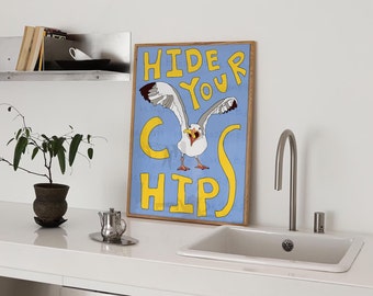 Seagull print | Hide your Chips poster | Seaside Style Art | DIGITAL DOWNLOAD