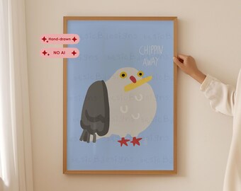 Chippin Away Seagull Poster | Funny Bird Print | Coastal Kitchen Wall Art | Beach House Decor | Light Blue Background | Fun gift