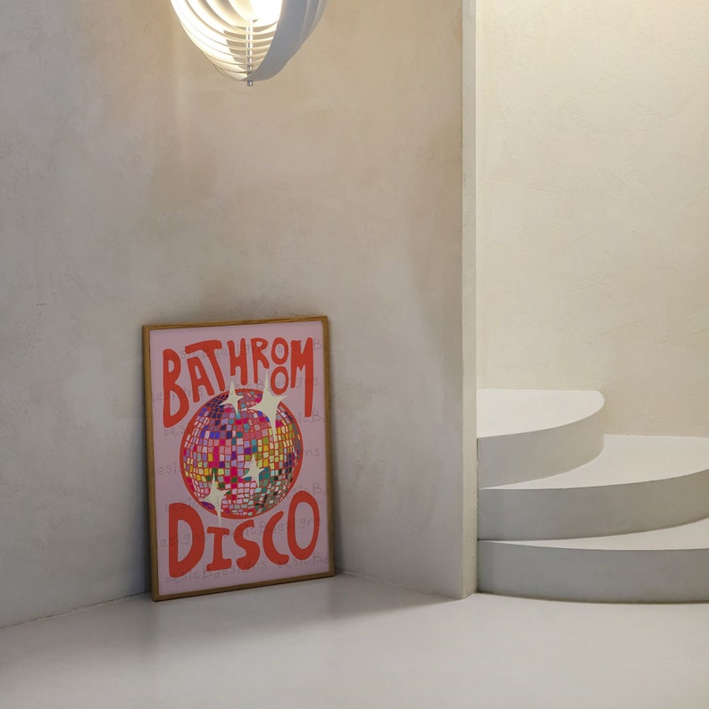 Bathroom Disco Print Colourful Home Décor Rainbow Toilet Kitchen Disco Ball Print Digital download available image 1