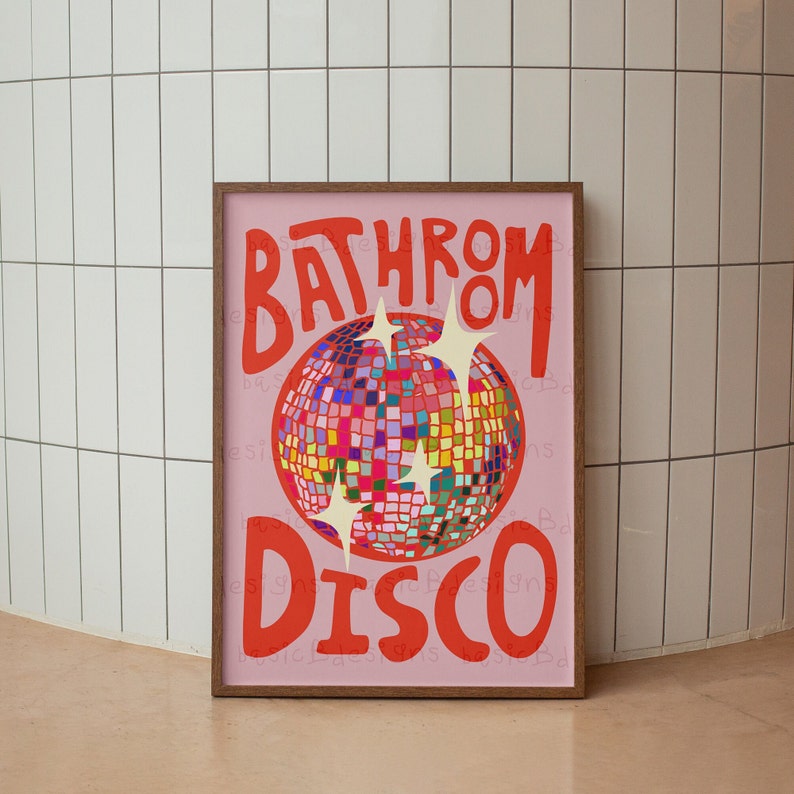 Bathroom Disco Print Colourful Home Décor Rainbow Toilet Kitchen Disco Ball Print Digital download available image 2