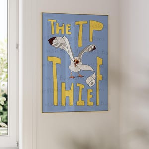 Lámina artística de gaviota / Decoración de pared de baño / Póster de papel higiénico El ladrón de TP / Arte infantil para el baño / Arte de baño / Lámina artística divertida