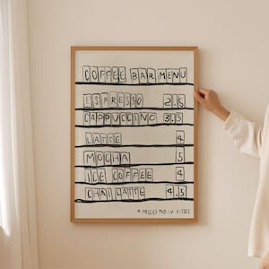 Coffee bar menu print | Latte, Cappuccino, Chai, Mocha | Espresso coffee art | Dining room & Kitchen posters | Digital download available