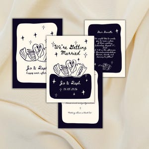 Invitación de boda dibujada a mano con forma de corazón de cisne / Plantilla para una divertida y única tarjeta para guardar la fecha / Plantilla totalmente editable / Conjunto de invitaciones escritas a mano