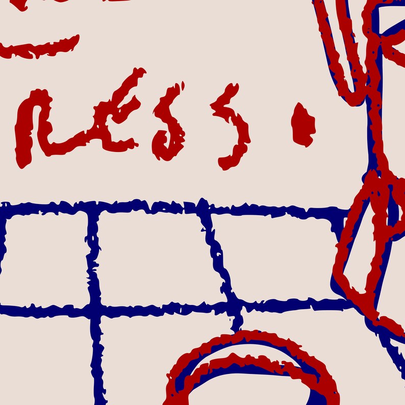 May include: Red and blue abstract drawing with the word "less" written in red.