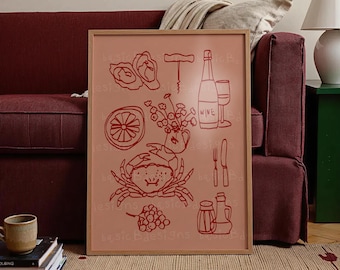 Crab & Wine Kitchen Print | Pink Foodie Wall Art