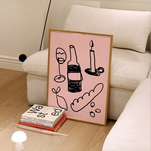 Retro Kitchen Print | Baguette, Wine & Olives Still Life (Digital Download Available)