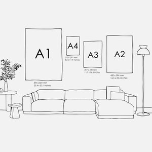 May include: A diagram showing the different sizes of paper, labeled A1, A2, A3, and A4. The measurements are given in both millimeters and inches. The diagram is set in a living room with a couch, a lamp, and a small table.