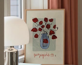 Poppy Vase Art Print | Poppies Blue, Red, Cream Poster | Floral Hand-Drawn