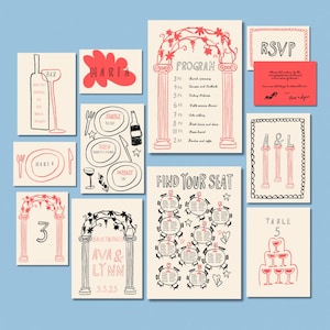 Invitación de boda dibujada a mano / Plantilla editable única y divertida / Programa de boda, número de mesa, menú, bebidas, barra, plano de asientos, RSVP
