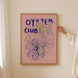 Oyster club and Champagne print| Kitchen wall art | Oyster print | Food print | Bright neon art  | Digital download available