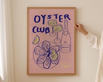 Oyster club and Champagne print| Kitchen wall art | Oyster print | Food print | Bright neon art  | Digital download available