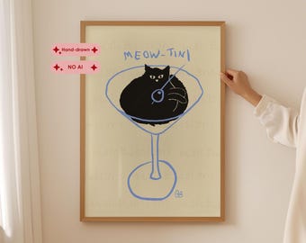 Meow-tini Poster | Black Cat in Martini Glass | Funny Cocktail Lover Gift | Bar Wall Art | Cat Mom Gift | Digital download available