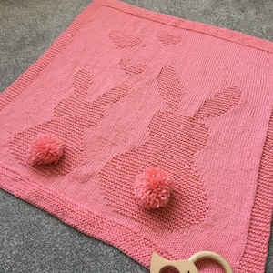 Paper Knitting Pattern - Easy Baby Knit Blanket Pattern - Bunny and Hearts - DK yarn