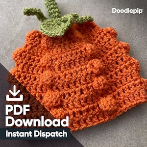 May include: Orange crochet pumpkin hat with a green crocheted stem. The hat has a textured surface with small bumps. The text "PDF Download Instant Dispatch" is on the image.
