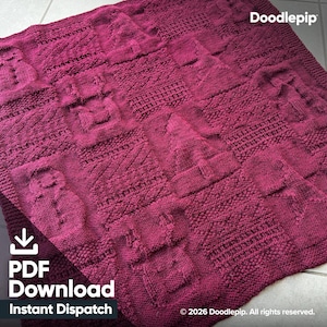 May include: A deep magenta knitted blanket featuring a grid of textured squares with various raised patterns, including a snowman, a hat, and geometric shapes. The text Doodlepip is visible in the top right corner of the image.