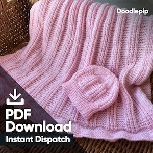 Patrón de tejido - Varios tamaños - Fácil para principiantes - Manta y gorro de punto en escalera - Hilo DK - Descarga en PDF