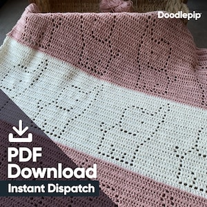 May include: A crochet baby blanket with a pink and white striped pattern. The blanket features a repeating heart design. The text "PDF Download Instant Dispatch" is visible in the bottom left corner of the image.