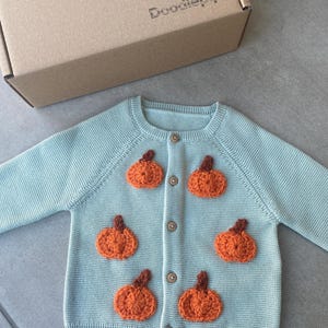 May include: A light blue knitted cardigan with a button fastening and crocheted pumpkin appliques. The cardigan is made from a soft, comfortable material and is ideal for autumn.