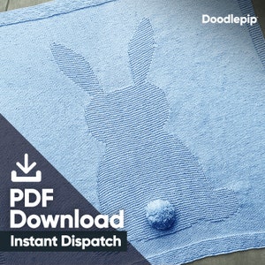 May include: A PDF download for a knitting pattern of a blue bunny blanket. The pattern includes instructions for creating a bunny shape with a pom-pom tail. The text "Doodlepip" and "Instant Dispatch" are visible in the image.
