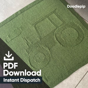 May include: Green knitted blanket featuring a tractor design. The blanket includes a PDF download button and the text "Instant Dispatch".