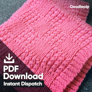 May include: A pink knitted blanket with a textured pattern. The image includes the text "PDF Download Instant Dispatch".