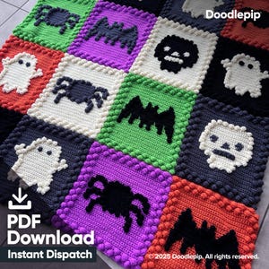 Patrón de manta de ganchillo para Halloween: calavera de murciélago, araña fantasma (descarga digital en PDF)