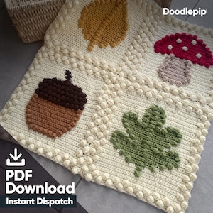 Patrón de manta de ganchillo 4 en 1 para otoño, afgana, manta para sofá, manta para cama, motivos de bellotas, setas y hojas. Descarga digital en PDF.