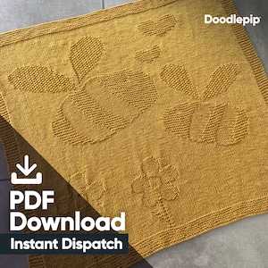 May include: A yellow knitted blanket with a bee and flower design. The blanket is available for instant download as a PDF pattern.  Doodlepip.