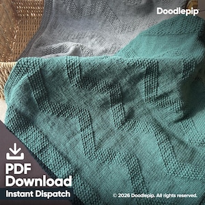May include: A teal and a gray knitted blanket featuring a textured chevron pattern. The teal blanket is in the foreground, while the gray blanket is partially visible behind it. The text Doodlepip is in the top right corner of the image.