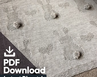 Multi Size - Easy Baby Knit Blanket Pattern - Bunny and Hearts - pdf download
