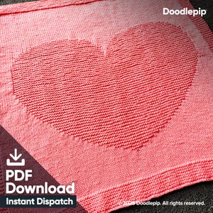 May include: A square knitted blanket in a solid coral pink color featuring a large central heart motif created with a textured stitch pattern. The top right corner displays the text Doodlepip, and the bottom left includes a PDF download icon.