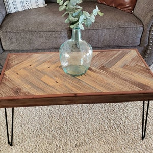 Herringbone Reclaimed Barnwood Coffee Table: Mid Century Hairpin Leg Table