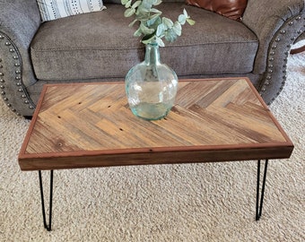Herringbone Reclaimed Barnwood Coffee Table: Mid Century Hairpin Leg Table