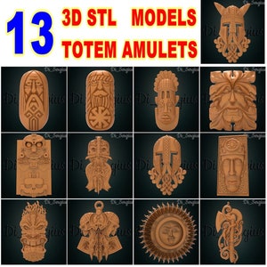 13 3D STL Modelle Totem Gesicht Amulett Glück Joss Maskottchen Talisman für CNC Fräser Aspire Artcam Carving Download Digitales Produkt 3D Drucker