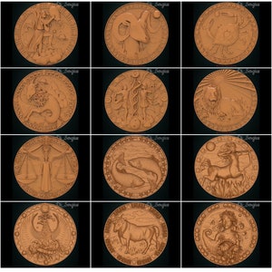 12 znaków zodiaku 3D STL Model Panno Panel Relief dla routera CNC Aspire Carving Engraver ArtCam Projekt drukarki 3D Natychmiastowe pobieranie cyfrowe