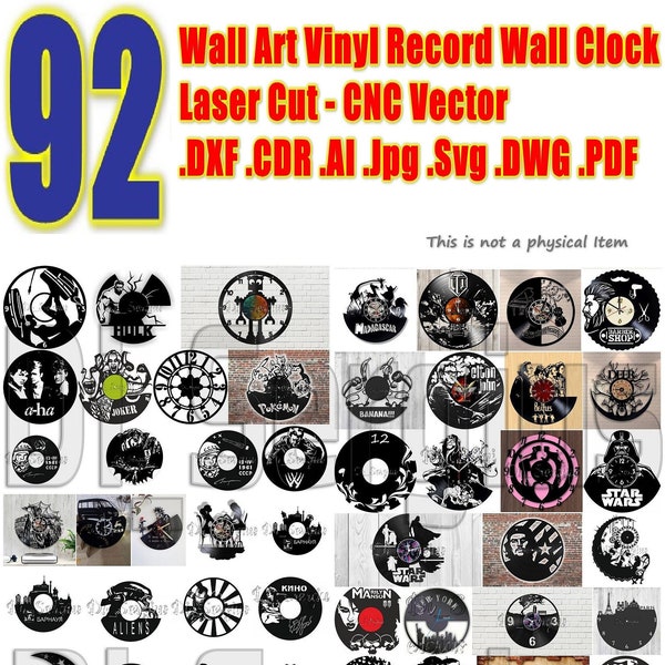 92 Projects Wall, Art, Vinyl, Record, Wall Clock, Laser Cut cnc, Vector, DXF, CDR, AI, Jpg, Svg, Digital, file cdr dxf