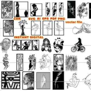 35 Sexy Frau Mädchen Dame Schwarzweiß-Wanddekor SVG Blumenschnittdatei für Silhouette Clipart Cricut Maschine Png Pdf Eps Ai Schneiden Druck