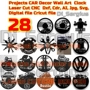28 Projects Car Moto Decor Wall, Art, Vinyl, Record, Clock, Laser Cut cnc, Vector, DXF, CDR, AI, Svg, Digital, file