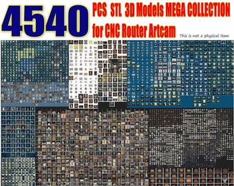 May include: A collection of 4,540 3D models for CNC routers and Artcam software. The image shows a grid of small images, each representing a different 3D model. The models are a mix of different styles and designs, including animals, plants, objects, and more.